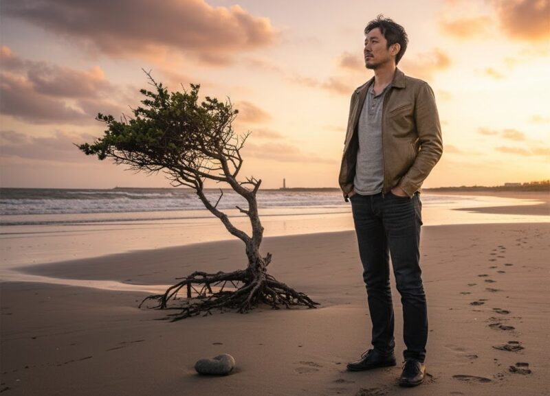 一人の時間を大切にしながら将来を考える日本人男性が海辺に立っている様子