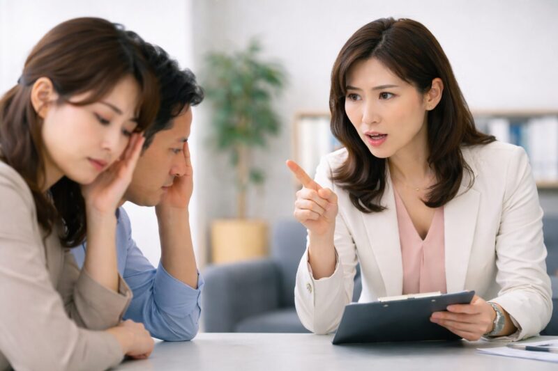 婚活カウンセラーの言い方がきつく感じて落ち込む日本人男女の相談風景