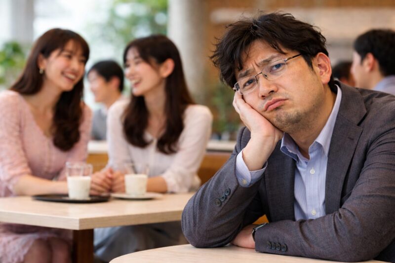 婚活パーティーで若い参加者を横目に落ち込む40代日本人男性